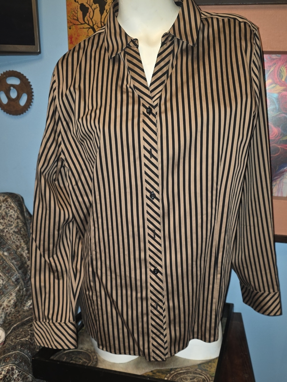 Chico's Women's Black and Tan Striped Button-Front Dress Shirt